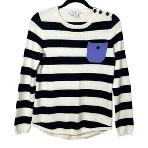 Per Se Black & Ivory Stripe Cashmere Sweater Purple Elbow Patches Size Small